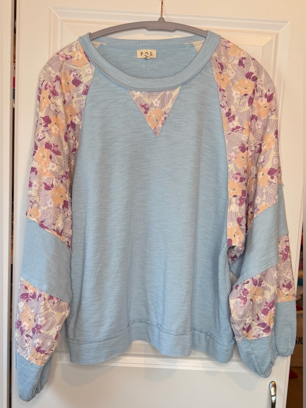 POL Blue Waffle Knit Floral Colorblock Balloon Sleeve